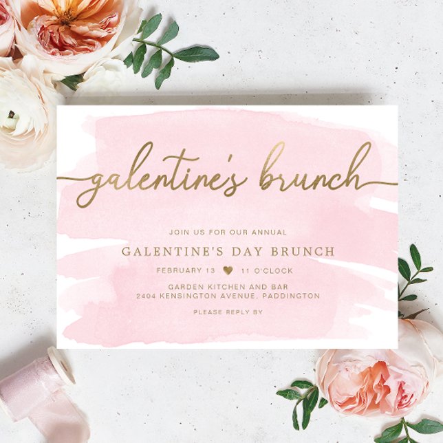 Convite Brunch para o Dia da Galentina Cor d'Água  (Galentines Brunch Invitation Pink Watercolour Gold )
