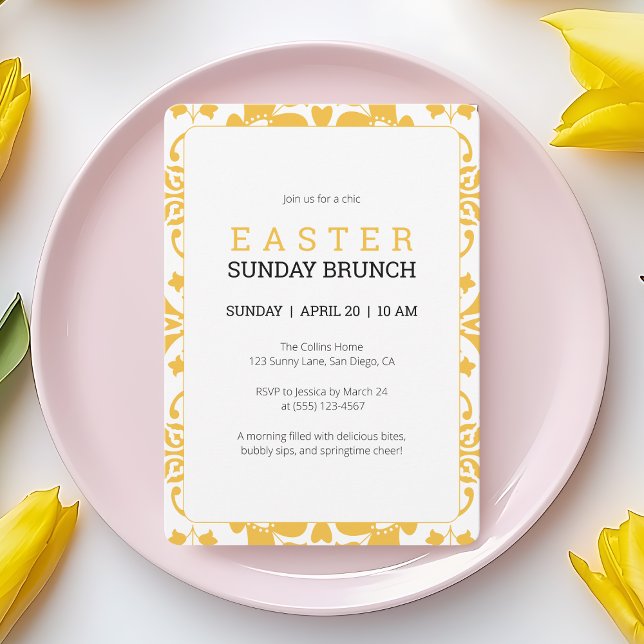 Convite Brunch para Páscoa Amarela Elegante (Easter Sunday Brunch Modern Yellow Elegant Floral Invitation)
