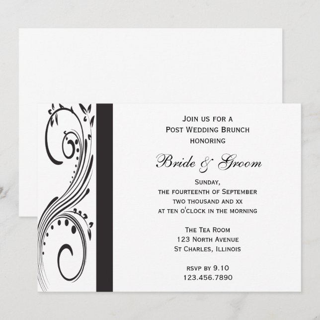 Convite Brunch Pós-Casamento Redemoinhos Preto e Branco (Frente/Verso)