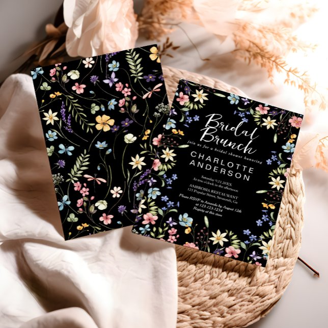Convite Brunch Preto Floral Chá de panela Bridal (Criador carregado)