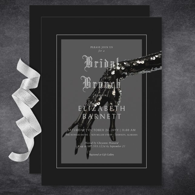 Convite Brunch Preto-Gótico Escuro Sequencial (Dark Gothic Black Sequin Hand Bridal Brunch Invitation)