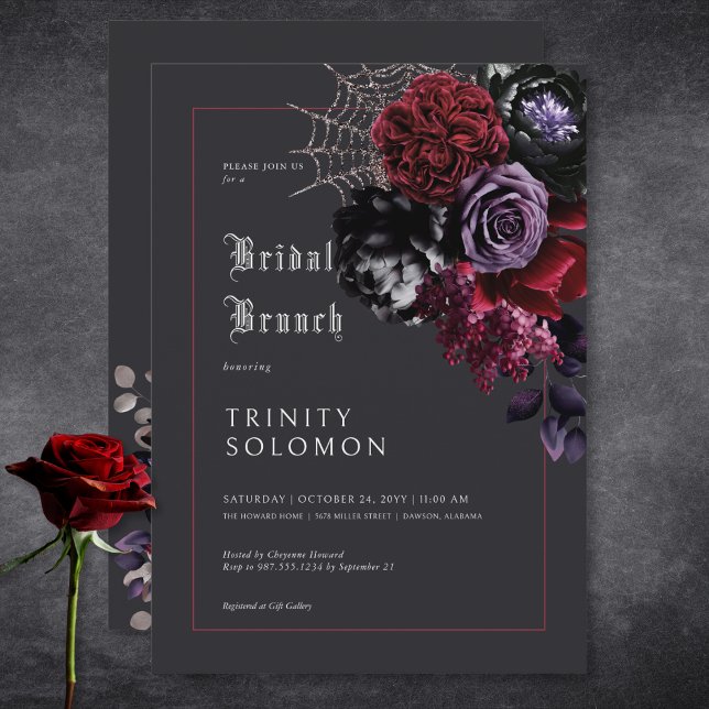 Convite Brunch Preto Negro Floral & Silver Web Bridal (Dark Black Floral & Silver Web Bridal Brunch Invitation)