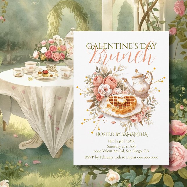 Convite Brunch Romântico de Chá com Waffle Galentine Charm (Criador carregado)