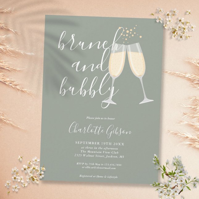 Convite Brunch - Script Chá de panela Sage Green (Brunch Bubbly Script Bridal Shower Sage Green Invitation)