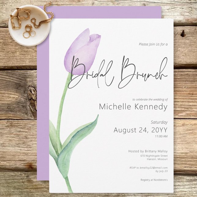 Convite Brunch Solo Bridal Roxo Moderno (Modern Purple Tulip Solo Bridal Brunch Invitation)