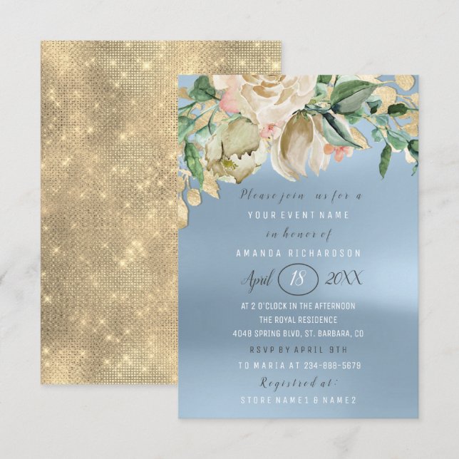 Convite Brunch Spark de Flor de chá de panela Azul Dourado (Frente/Verso)