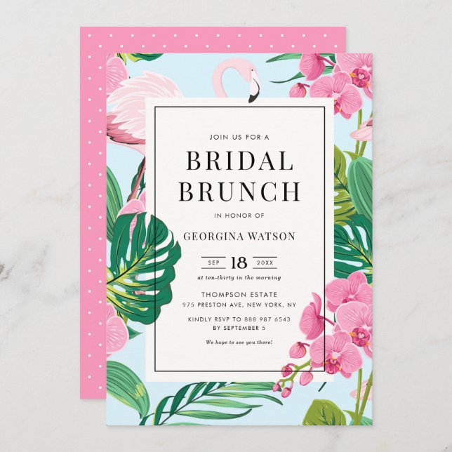 Convite Brunch Tropical Bridal Flamingo e Orquídeas Rosa (Frente/Verso)