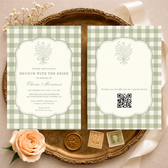 Convite Brunch with the Bride Gingham QR Code Shower  (Criador carregado)