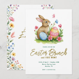 Convite Brunche de Páscoa com Bunny e Ovo em Aquarela Flor