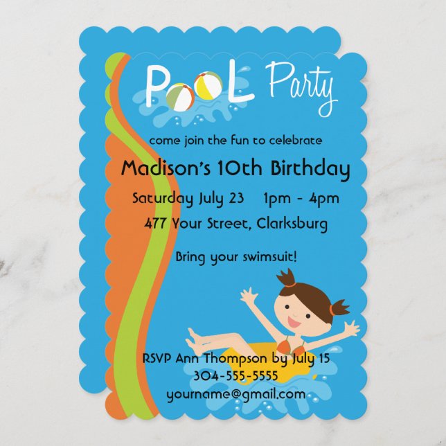 Convite Brunette de festa de Piscina (Frente/Verso)