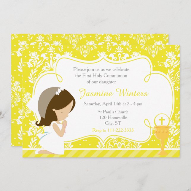 Convite Brunette Girl First Community Damask (Frente/Verso)