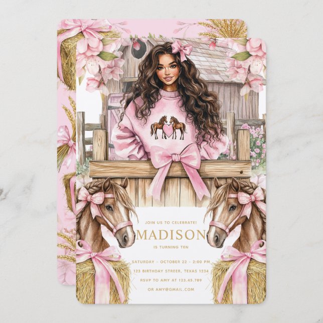 Convite Brunette Girl Horse Birthday Invitation (Frente/Verso)