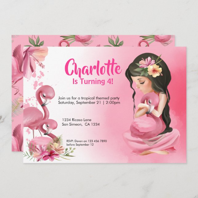 Convite Brunette Girl Tropical Pink Flamingo Birthday (Frente/Verso)