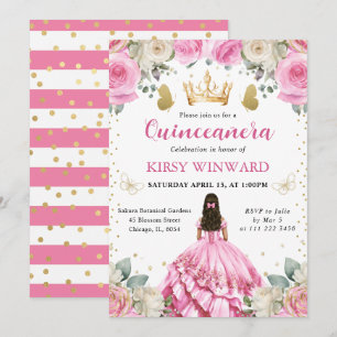 Convite Brunette Princesa de Quinze Anos de Vestido Rosa