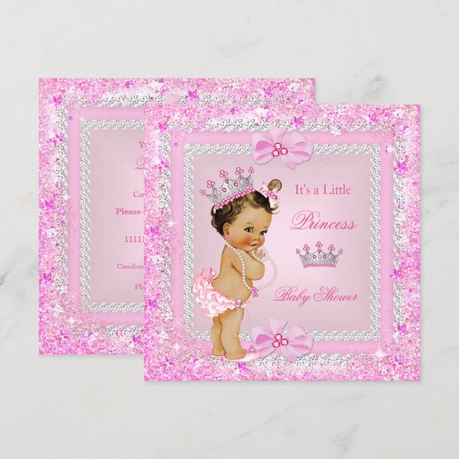 Convite Brunette Princess Chá de fraldas Rosa Glitter Tiar (Frente/Verso)