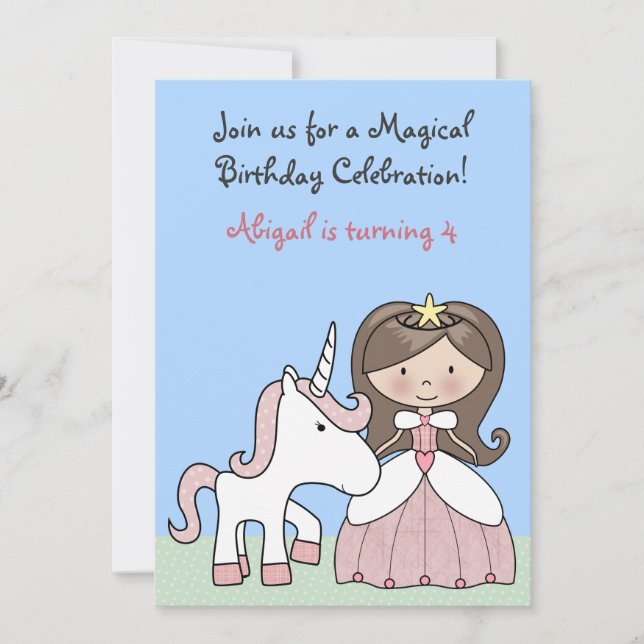Convite Brunette Princess e Unicorn Aniversário (Frente)