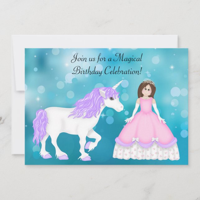 Convite Brunette Princess e Unicorn Aniversário (Frente)