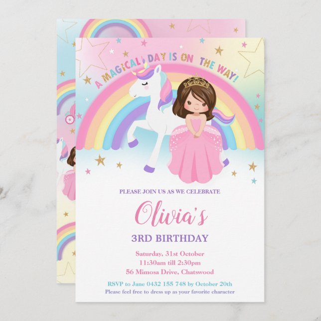 Convite Brunette Princess Unicorn Birthday Rainbow Inv (Frente/Verso)