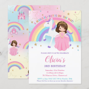 Convite Brunette Princess Unicorn Birthday Rainbow Inv