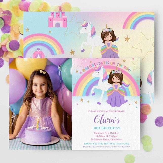 Convite Brunette Princess Unicorn Birthday Rainbow Photo (Criador carregado)