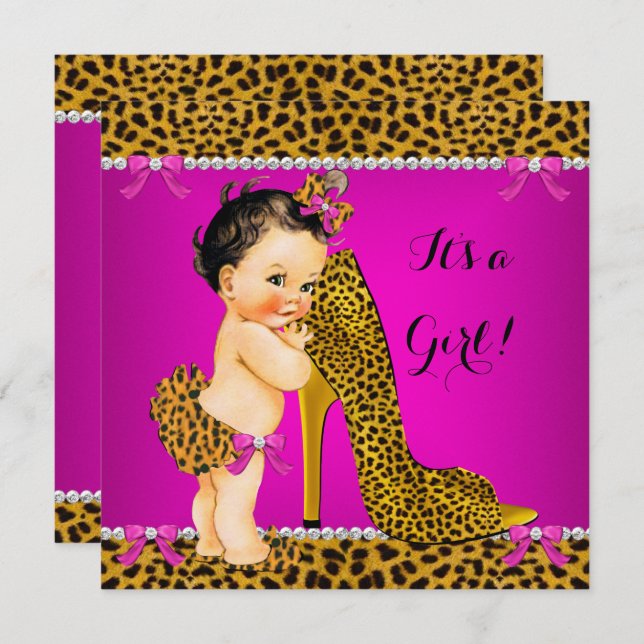 Convite Brunette rosa-rosa-alto-colar-leopardo-chá de fral (Frente/Verso)