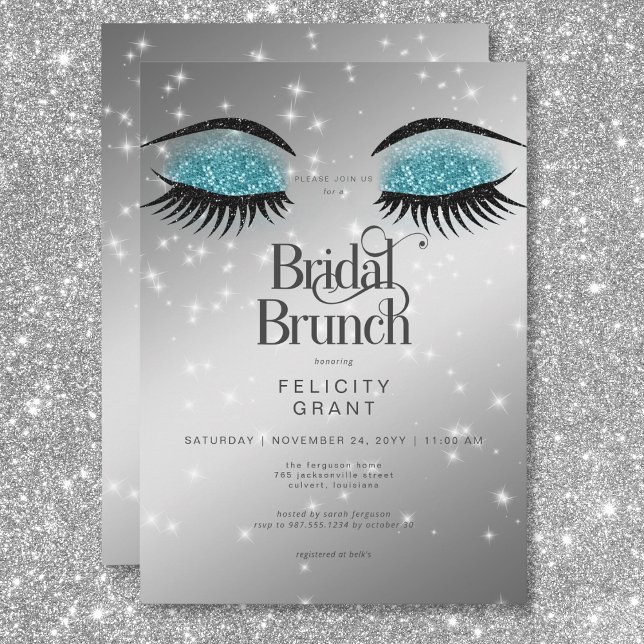 Convite Brunt Bridal de Glam de Teal Aqua Modern (Modern Aqua Teal Glam Eyes Bridal Brunch Invitation)