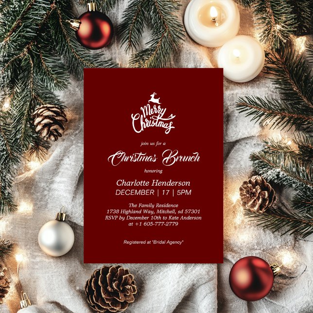 Convite Brunt Bridal de Natal Merry Vermelho (Deep Red Merry Christmas Bridal Brunch Invitation)