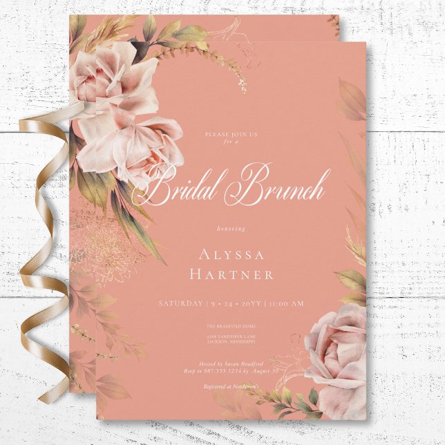 Convite Brunt de Rosas e Graus de Boho Blush (Boho Blush Roses & Grasses Bridal Brunch Invitation)