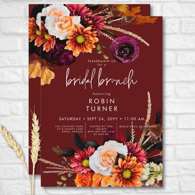 Convite Brunt Floral de Ferrugem Floral do Darset Boho (Dark Russet Boho Floral Rust Bridal Brunch Invitation)