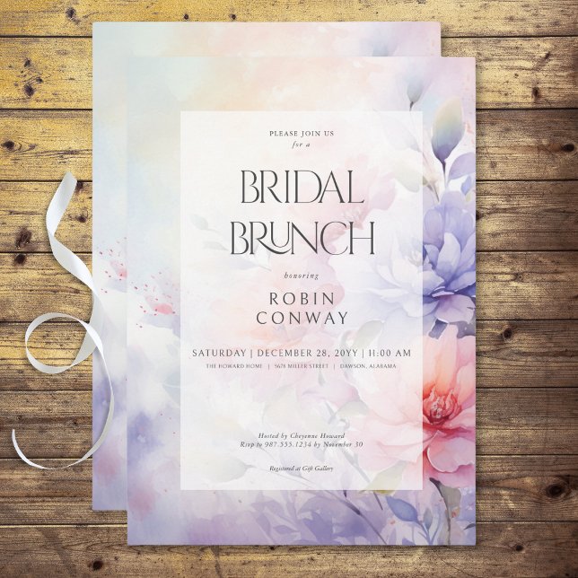 Convite Brunt Floral Romântico Roxo e Rosa (Romantic Blue Purple & Pink Floral Bridal Brunch Invitation)