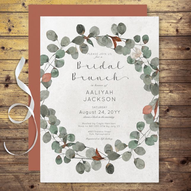 Convite Brunt Moderno de Ferrugem e Eucalyptus Verde (Rust & Green Eucalyptus Modern Bridal Brunch Invitation)