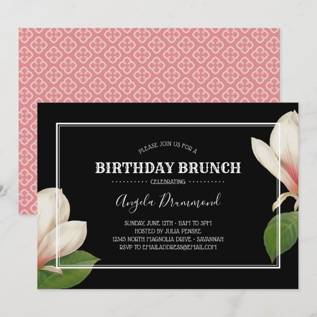 Convite Brunt Negro de aniversário da Magnolia do Sul (Frente/Verso)