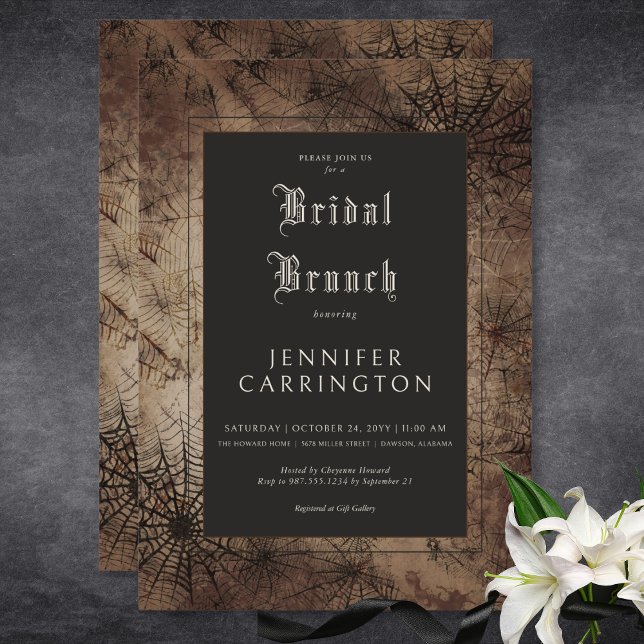 Convite Brunt Preto de Aranha-Marrom e Castanha-Negra (Dark Gothic Brown & Black Spider Web Bridal Brunch Invitation)