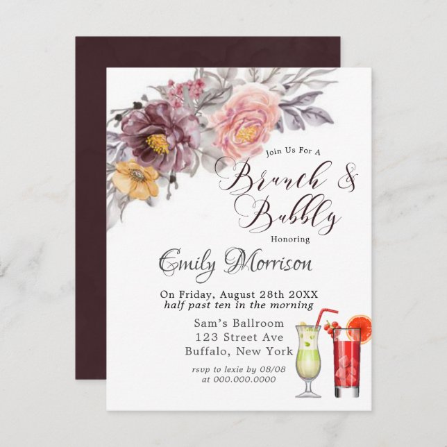 Convite Brurgundy Blush Yellow Peonies Brunch e Bubble (Frente/Verso)