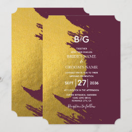 Convite Brushstrokes Douradas falsas e Borgonha com monogr