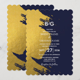 Convite Brushstrokes Douradas falsas e Marinho de azul com