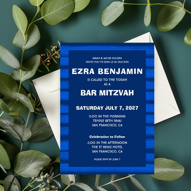 Convite Brushstrokes Gira Bar Personalizado Azul Bat Mitzv (Brushstrokes Stripes Blue Custom Bar Bat Mitzvah Invitation
)
