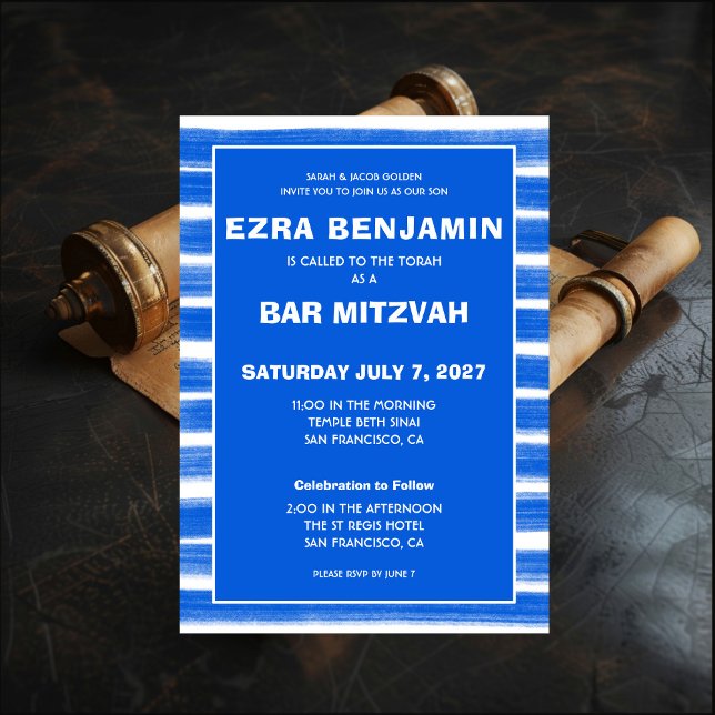 Convite Brushstrokes Gira Bar Personalizado Azul Bat Mitzv (Brushstrokes Stripes Blue Custom Bar Bat Mitzvah Invitation
)