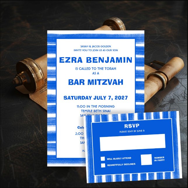 Convite Brushstrokes Gira Bar Personalizado Azul Bat Mitzv (Brushstrokes Stripes Blue Custom Bar Bat Mitzvah Invitation
)