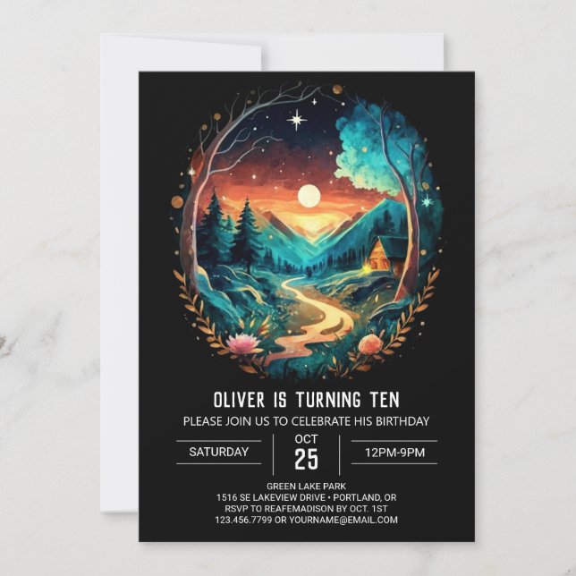 Convite Brushwood Adventure Aguarda Wonderland Birthday (Frente)