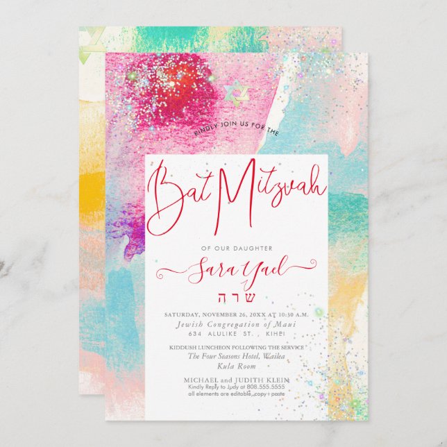 Convite Bruted Watercolor Holographic Glitter Mitzvah (Frente/Verso)