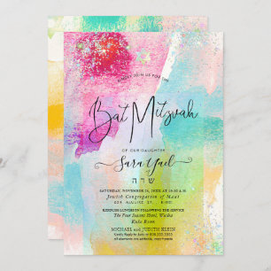 Convite Bruted Watercolor Holographic Glitter Mitzvah Inv