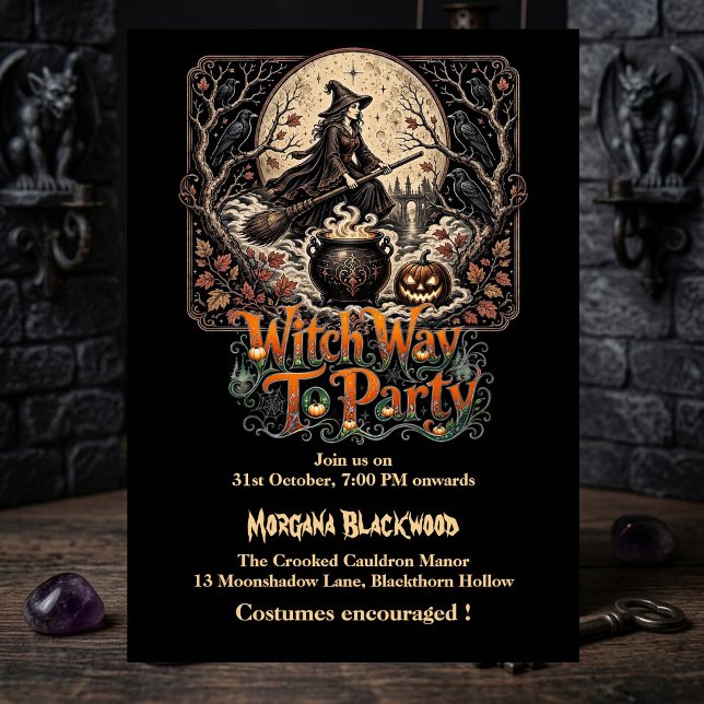 Convite Bruxa Caminho para a Festa Lua Cheia Magia Caldeir (Witch Way to Party Full Moon Magic Cauldron Gothic Invitation)