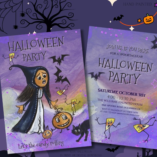 Convite Bruxa Caprichosa, Abóbora e Festa de Halloween de  (Whimsy Witch, Pumpkin & Candy Corn Halloween Party Invitation)