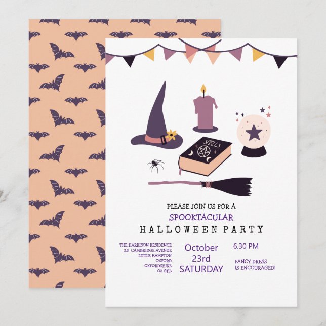 Convite Bruxa caprichosa com tema cor rosa pêssego (Frente/Verso)