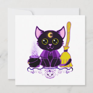 Convite Bruxa de Gato Preto de Halloween Fofo