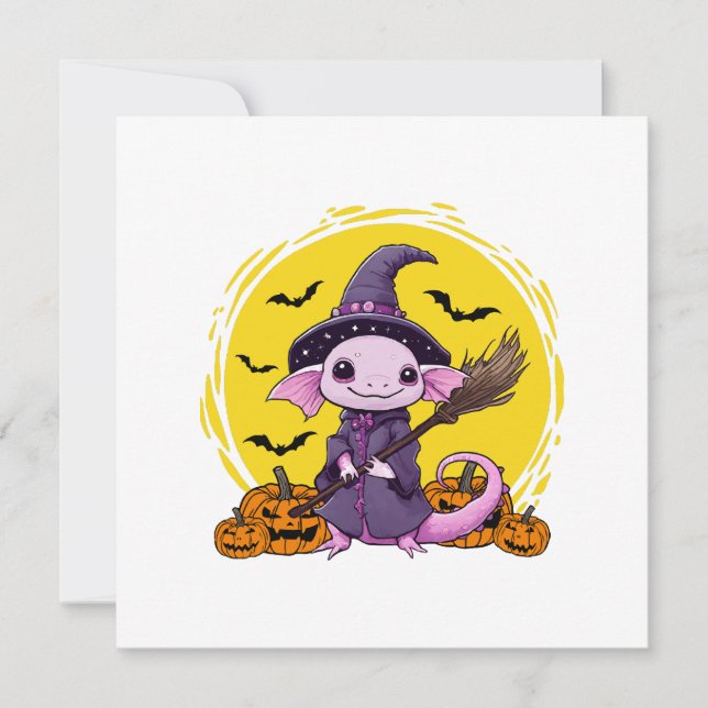 Convite Bruxa de Halloween de Axolote Fofa (Frente)
