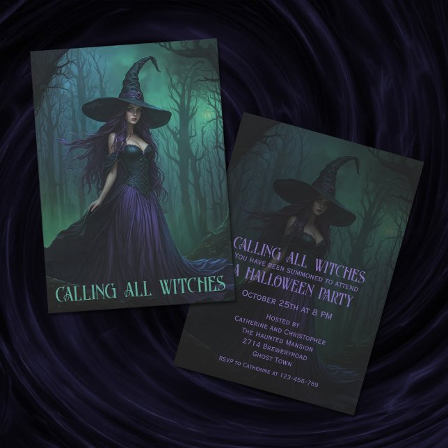 Convite Bruxa de Halloween Má em Púrpura e Festa Negra (Criador carregado)