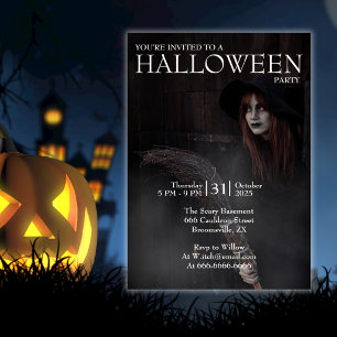 Convite Bruxa de Halloween Moderna Gótica Vassoura Celeiro