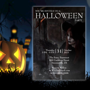 Convite Bruxa de Halloween Moderna Vassoura Gótica Escura